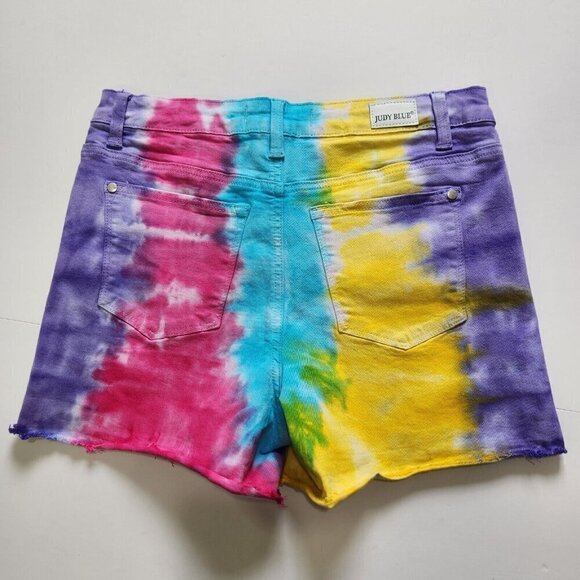 Judy Blue NWOT Snow Cone Tie Dye Cut Off Denim Shorts M Colorful Stretch Rainbow - Picture 2 of 8